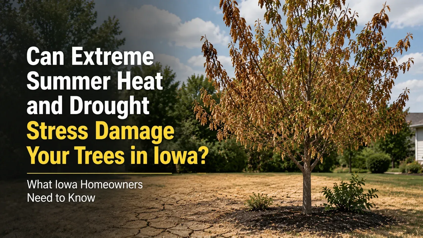 A dry, cracked lawn featuring a stressed tree with yellowing and brown leaves, illustrating how extreme summer heat and drought stress damage your trees.
