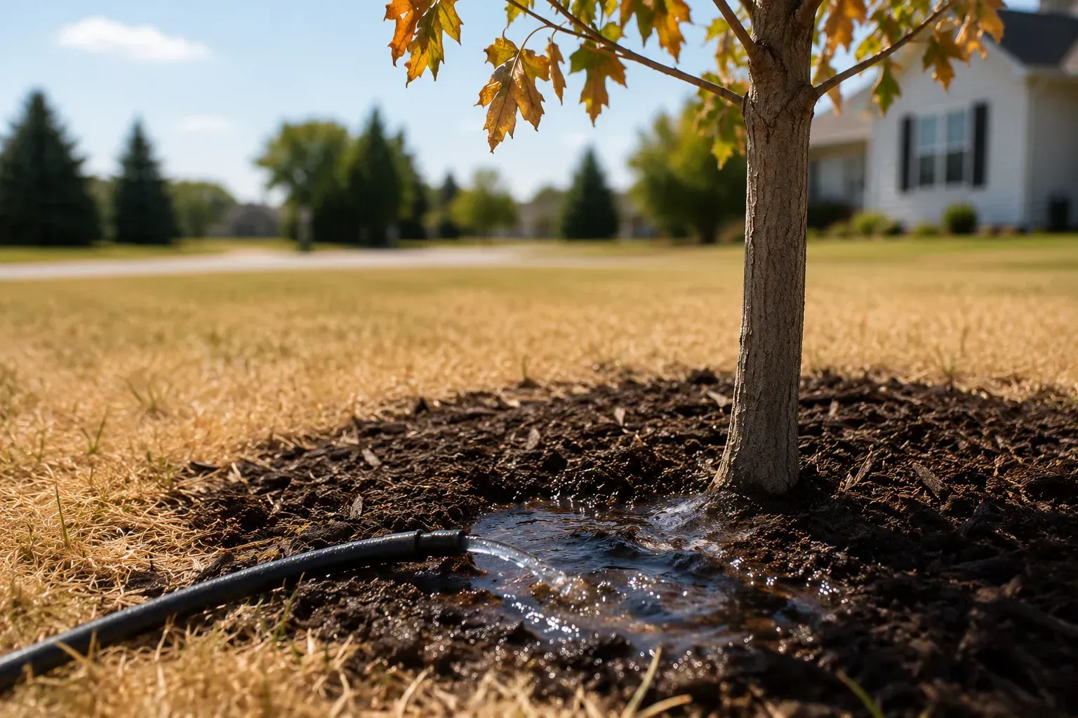 Stressed tree with yellow leaves showing extreme summer heat and drought stress damage.