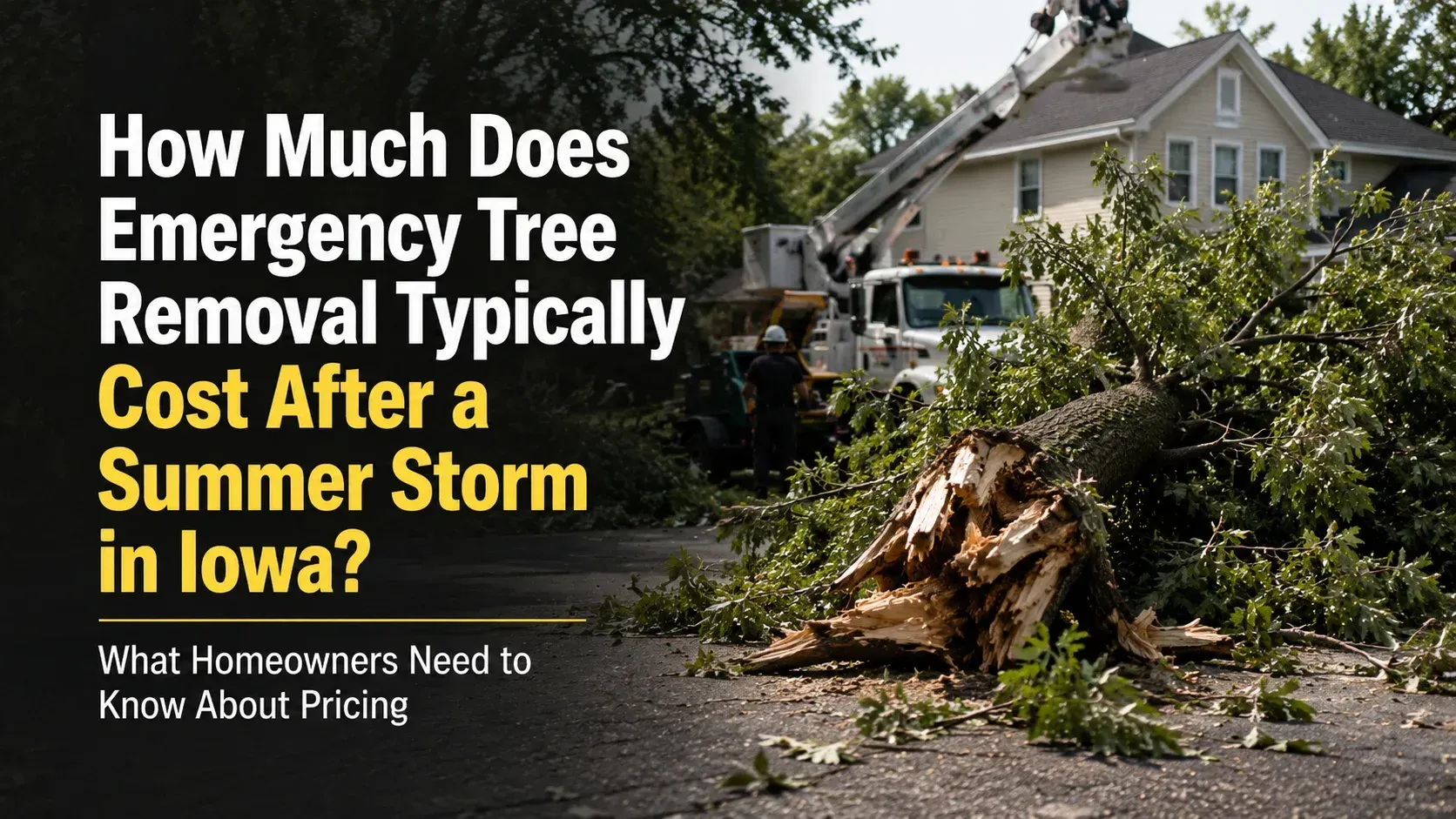 Storm damage cleanup showing what emergency tree removal typically cost factors involve.