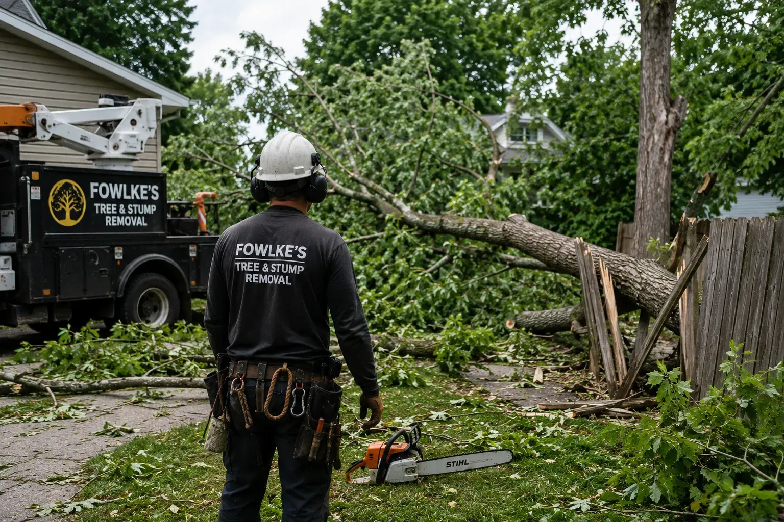 Storm damage cleanup showing what emergency tree removal typically cost factors involve.