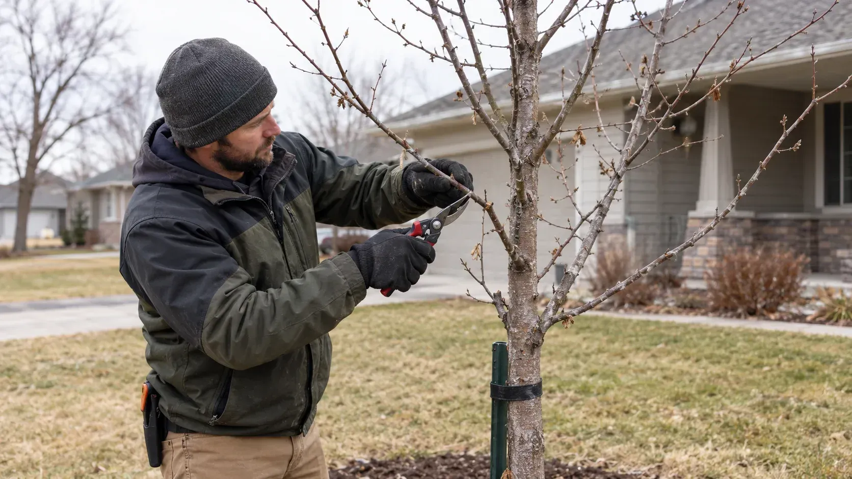 A person using hand shears to prune a newly planted tree in Denver, IA.