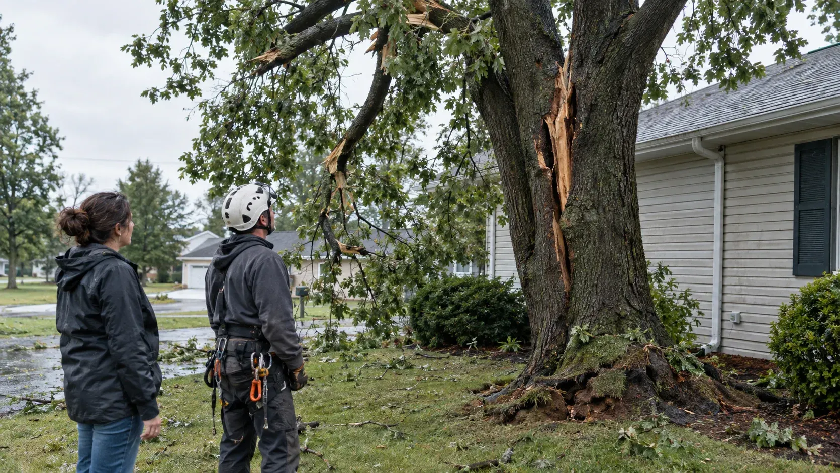 Arborist and homeowner inspect storm-damaged tree near Hudson, IA home.