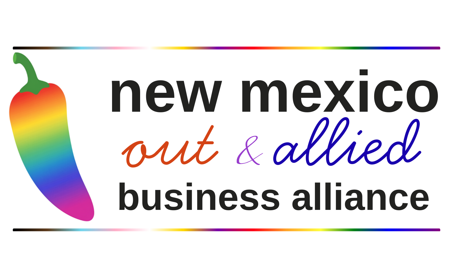 New Mexico Out & Allied Business Alliance logo with rainbow chili pepper icon