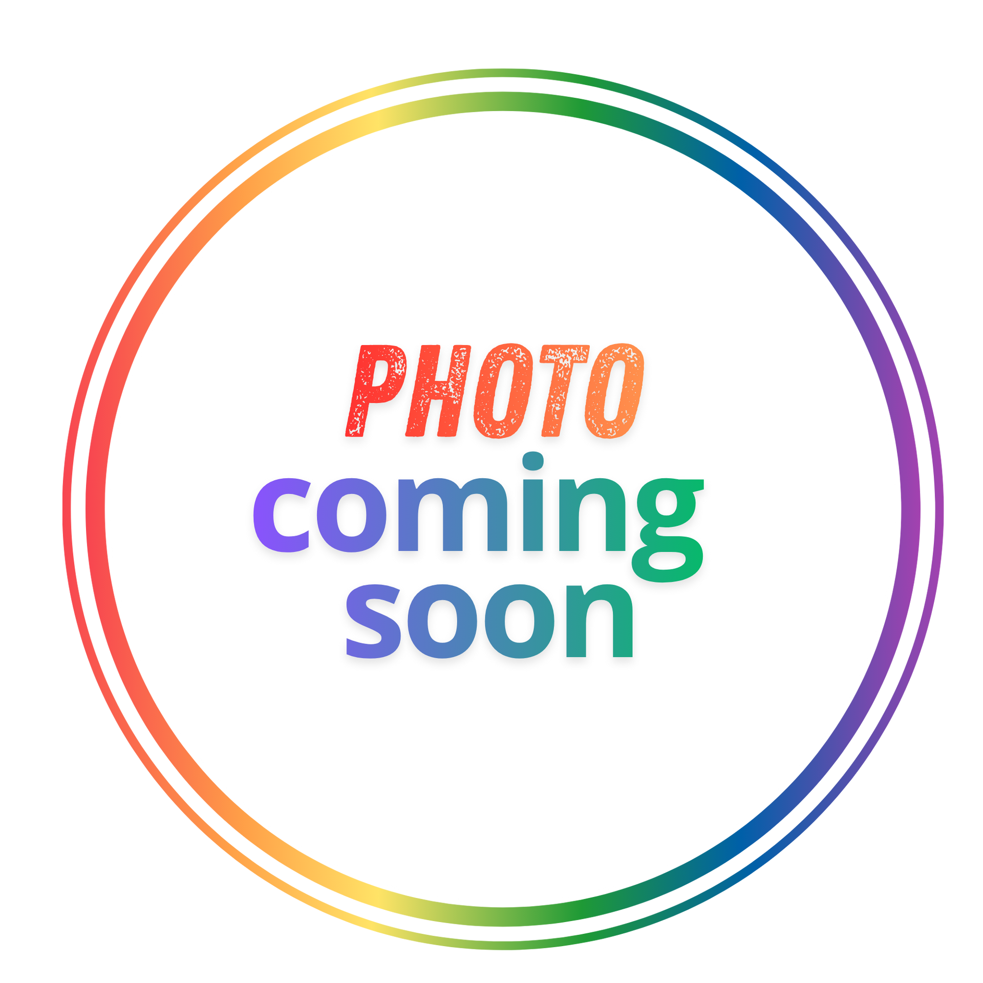 Circular rainbow border with “PHOTO coming soon” text in the center.