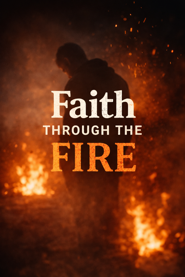 Silhouette in flames with text “Faith Through the Fire” in white and orange
