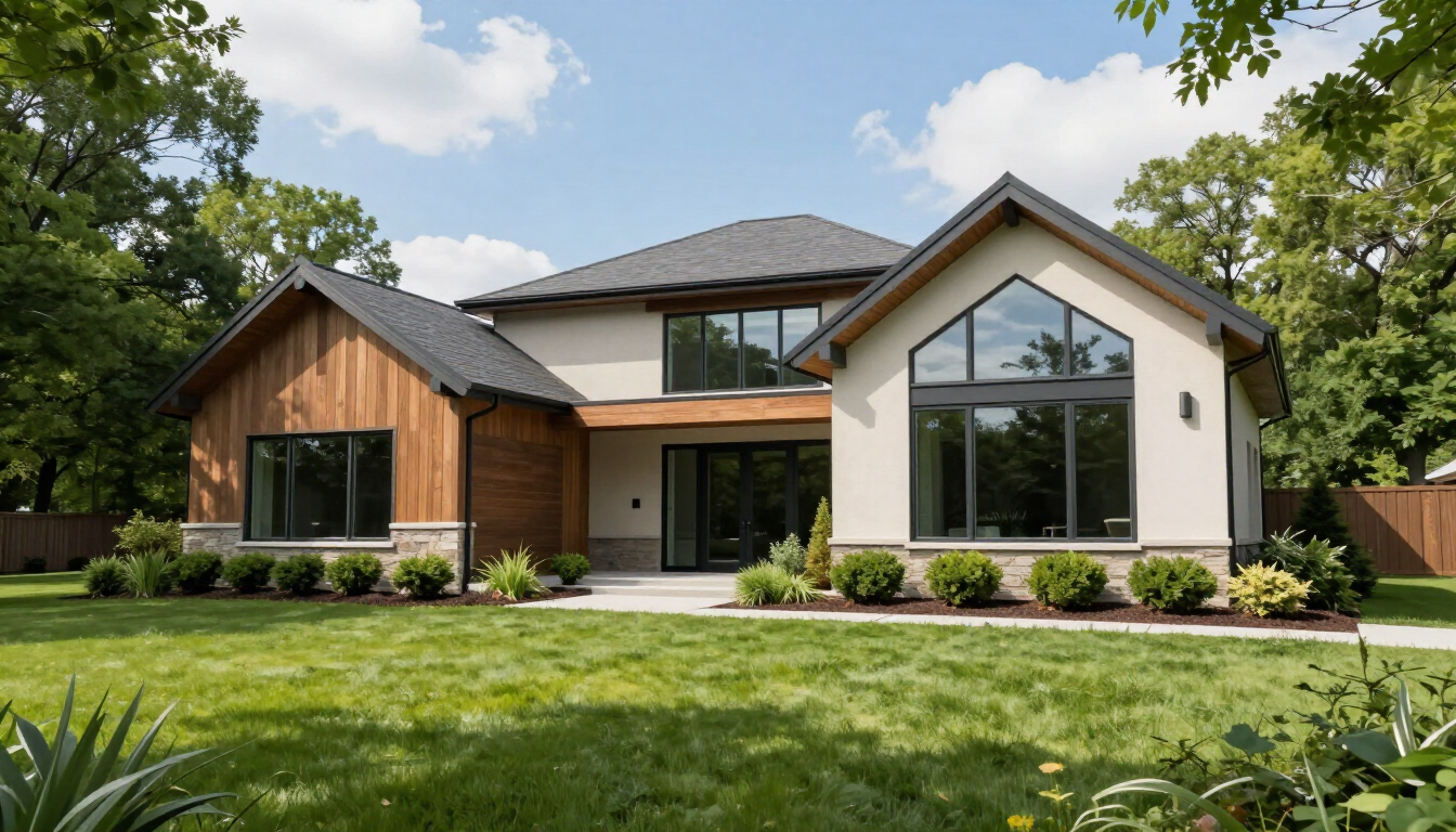 A beautiful modern Michigan home under a clear blue sky.