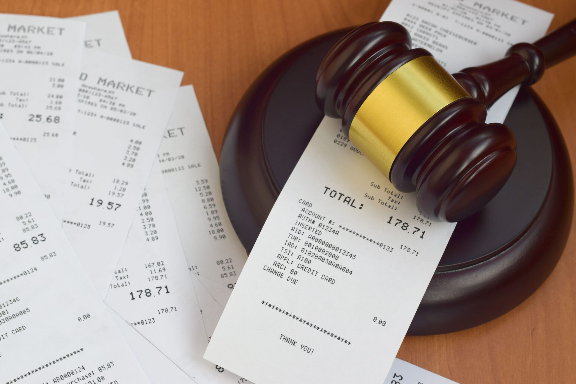Judge’s gavel and scattered receipts on a table, suggesting a legal or financial dispute