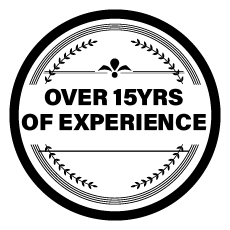 A black and white circle with the words `` over 15 years of experience '' written inside of it.