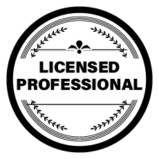 A black and white logo that says licensed professional in a circle.