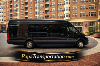 A black passenger van parked on a brick-paved driveway in front of a brick building, featuring the website name below.