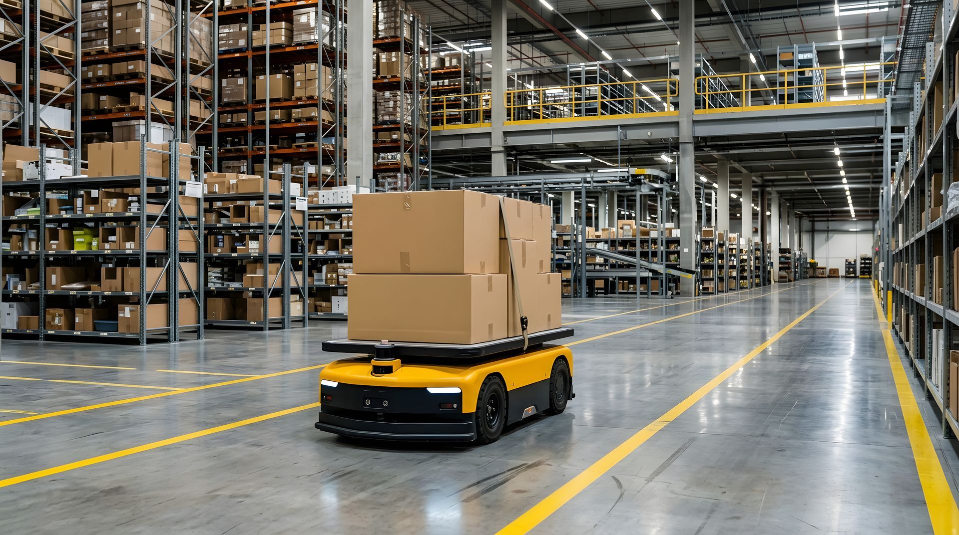 Warehouse robot transporting stacked boxes for automated order fulfillment.