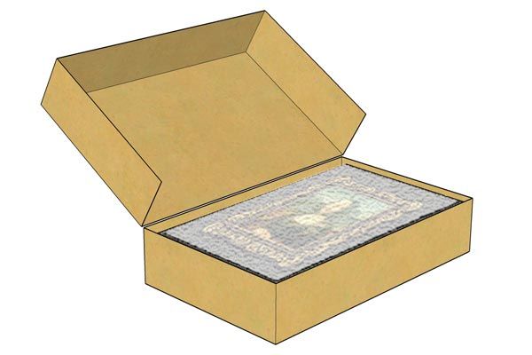 Open tan cardboard box with lid open, showing a flat item inside wrapped in clear plastic.