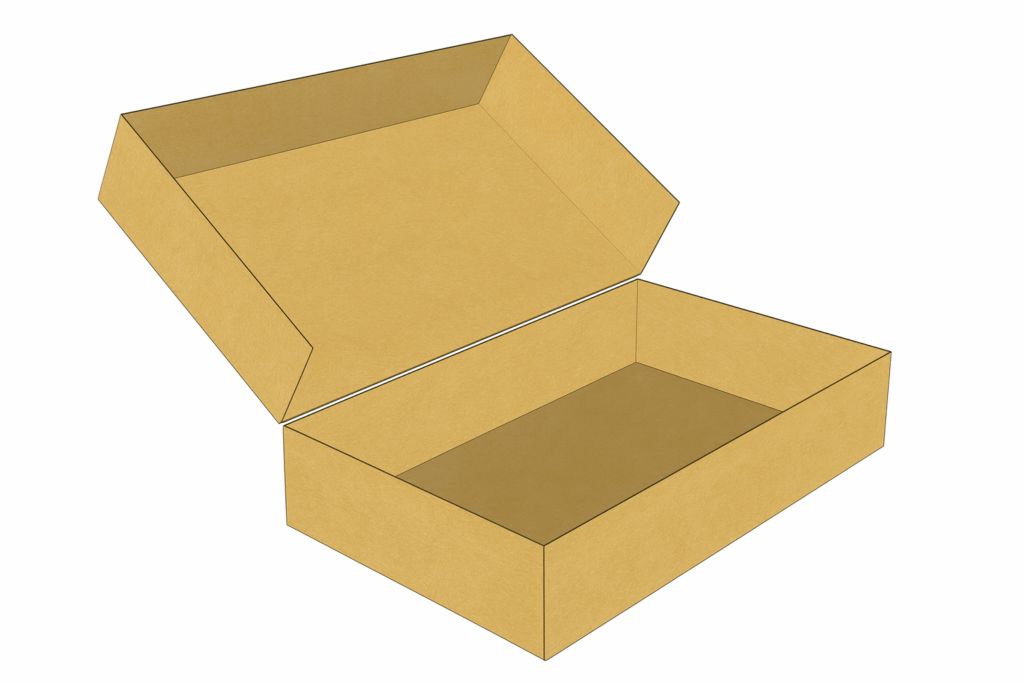Open yellow cardboard box with hinged lid, shown partially opened on a white background