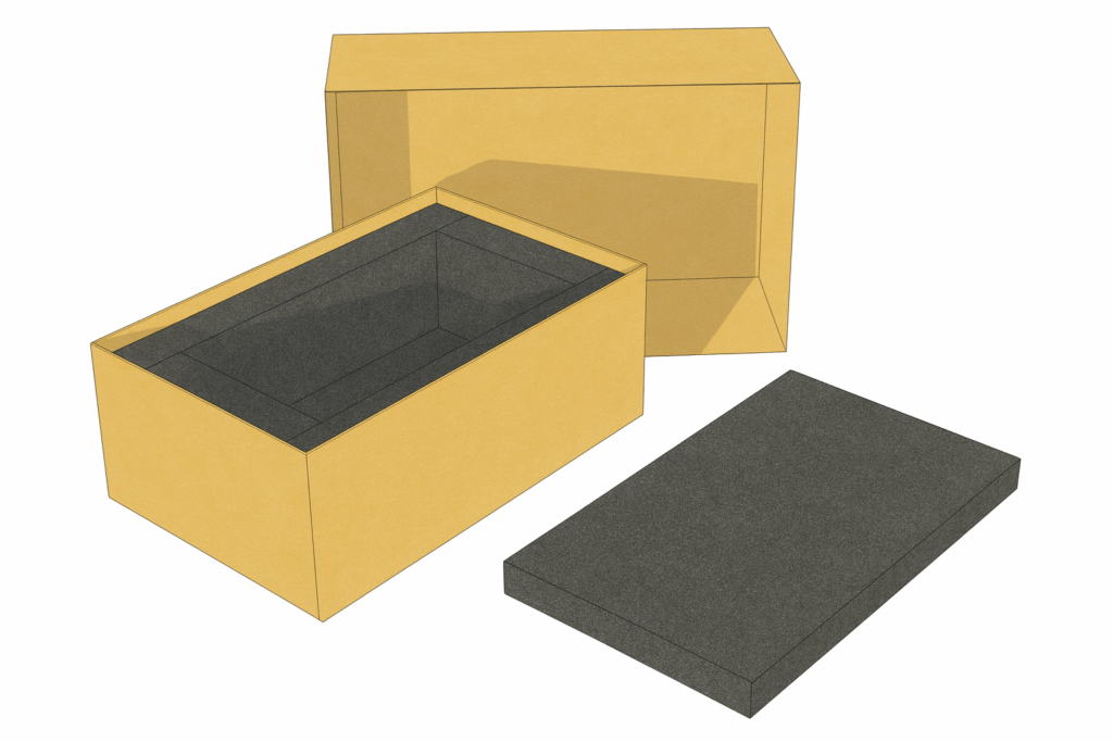 Two yellow cardboard boxes with black foam inserts, one open and one lid off beside it