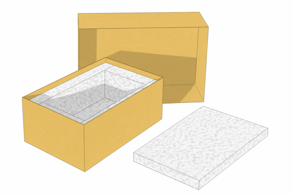Open cardboard box with packing foam and a separate foam lid insert