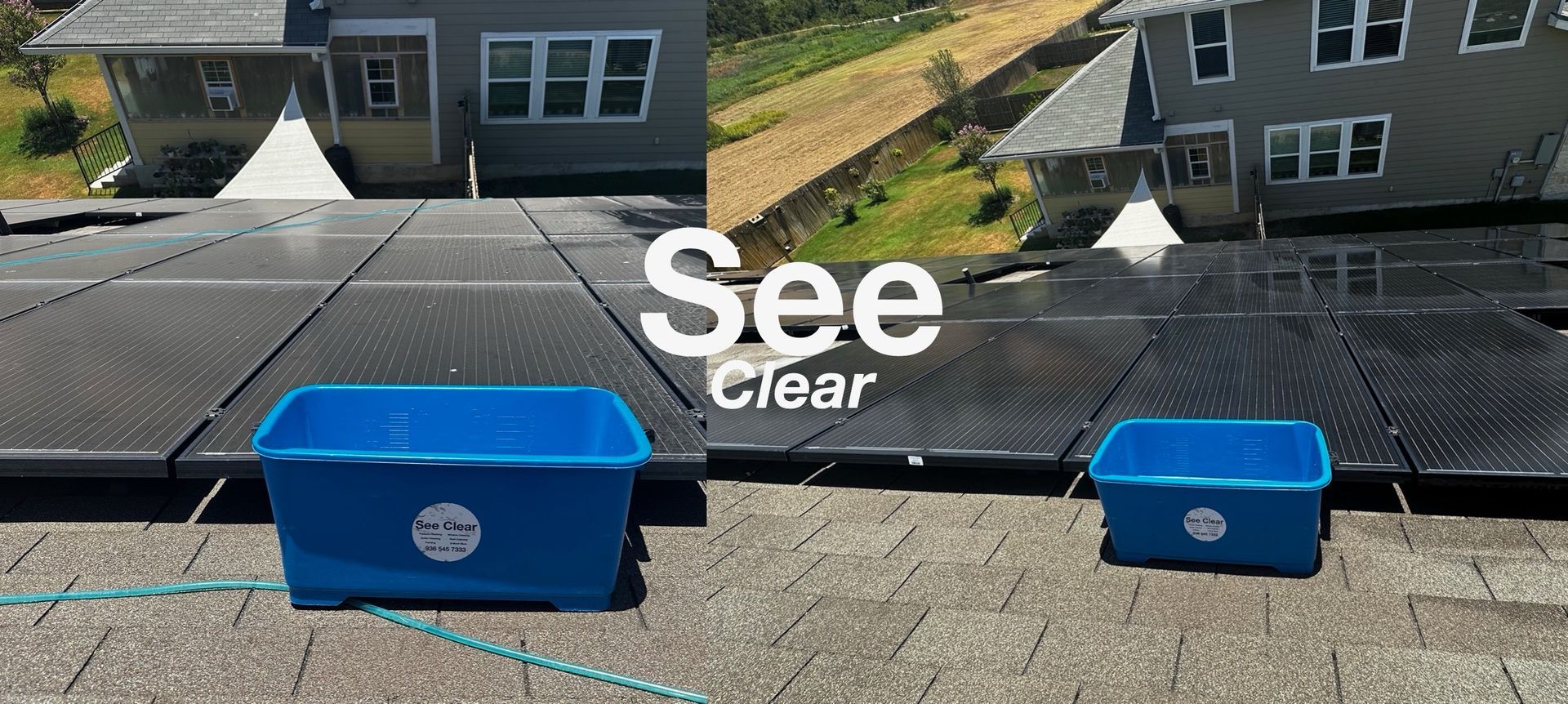 Blue recycling bins on a flat roof with the text “See clear” overlaid