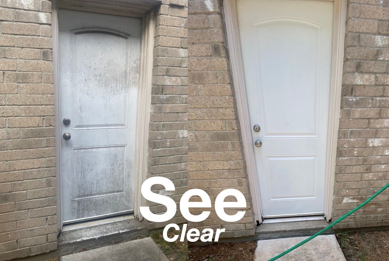 Two brick doors, one weathered white and one clean white, with “See Clear” text at the bottom.