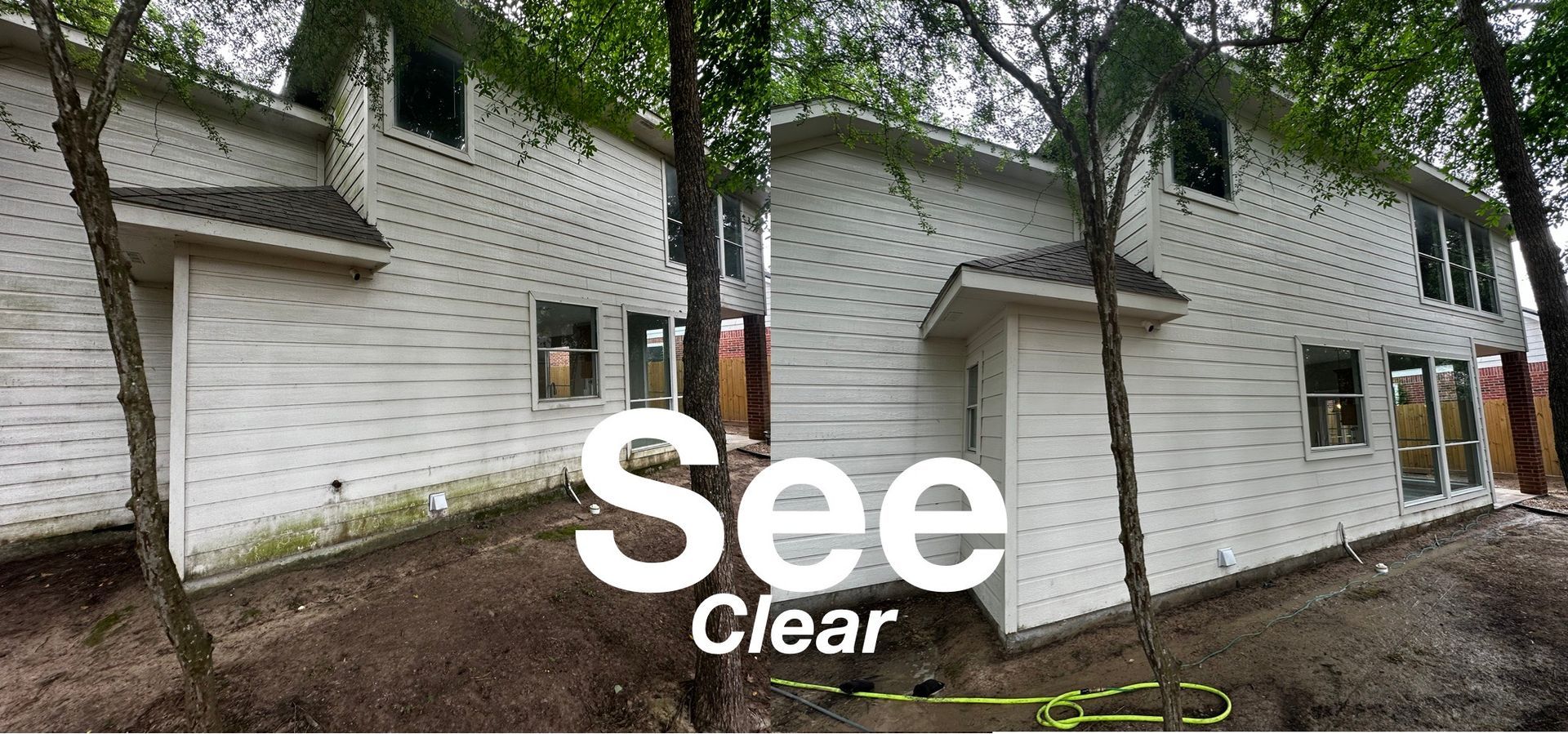 White brick house exterior with parked car, trees, and large “See Clear” text overlay