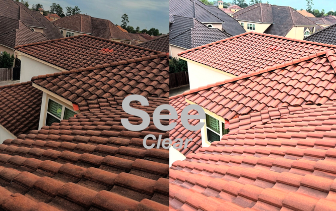 Red clay tile roofs on houses in a neighborhood, shown in a side-by-side comparison.