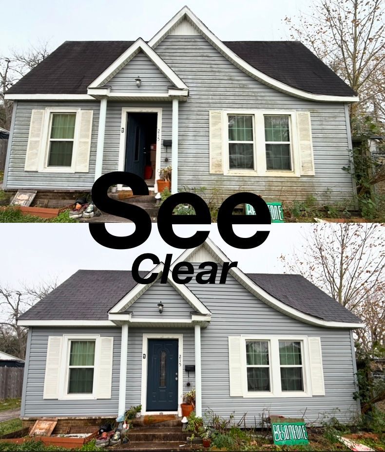 Before-and-after of a gray house exterior with “See Clean” text overlaid.