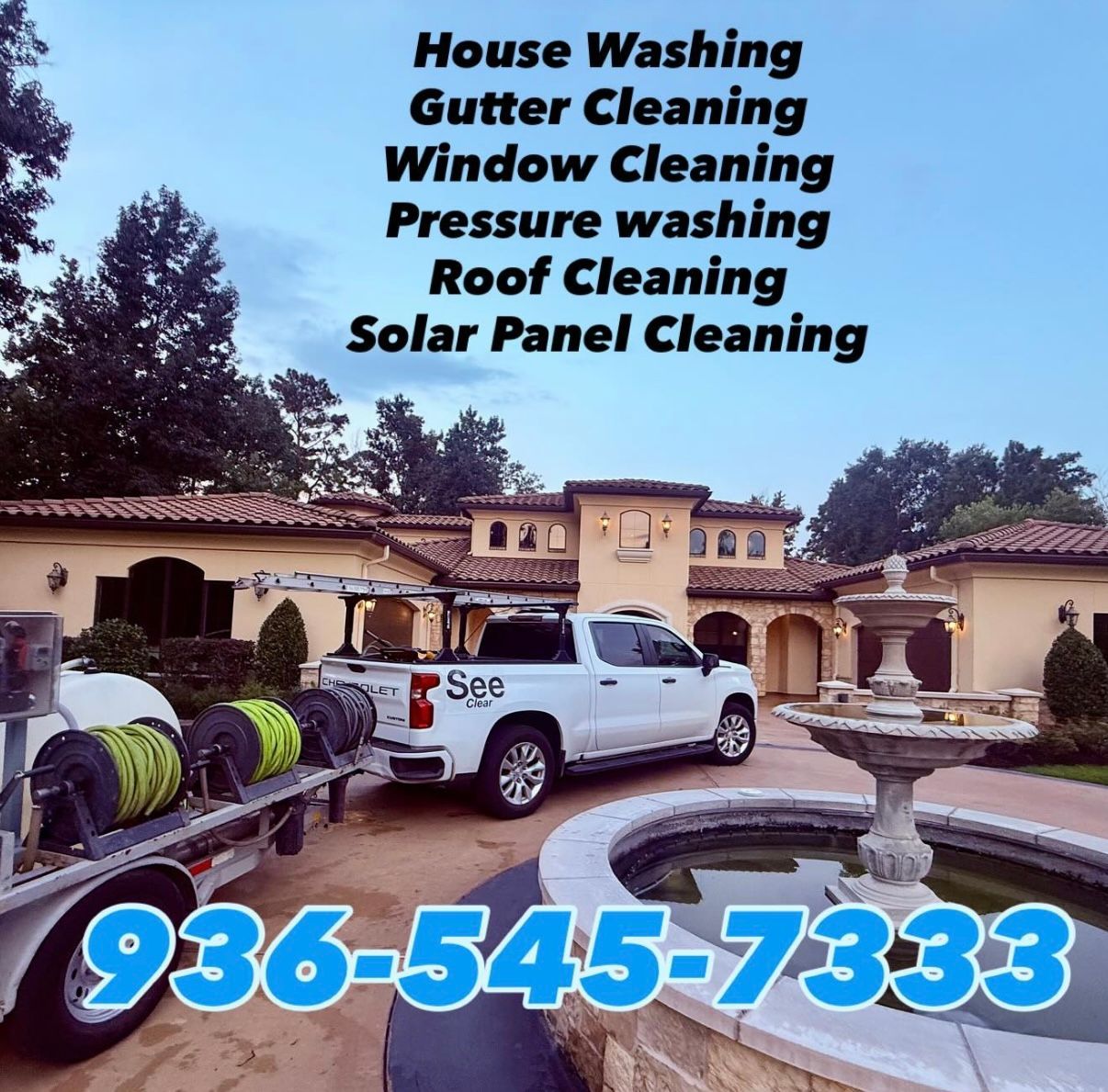 Pressure washing service ad with white truck, house, and listed cleaning services; phone 936-545-7333