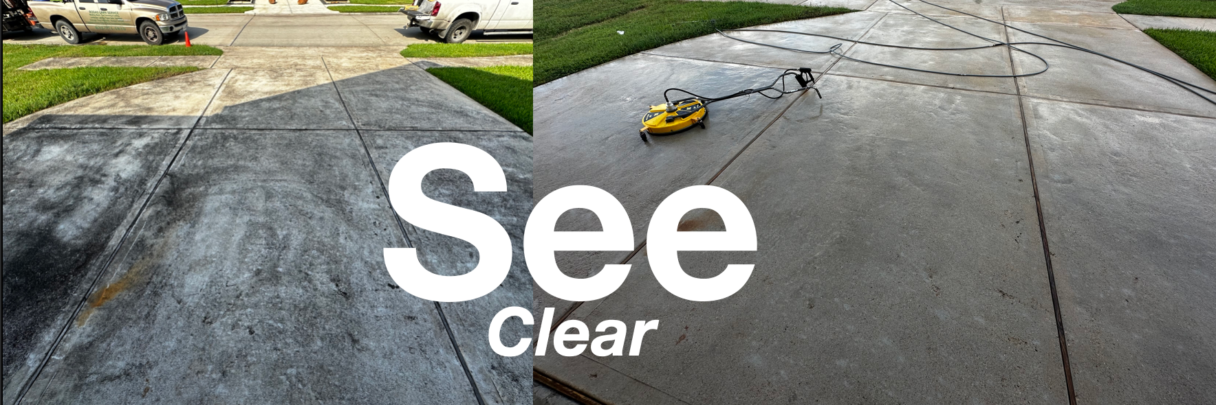 Split-view driveway crack sealing before-and-after with large “See Clear” text