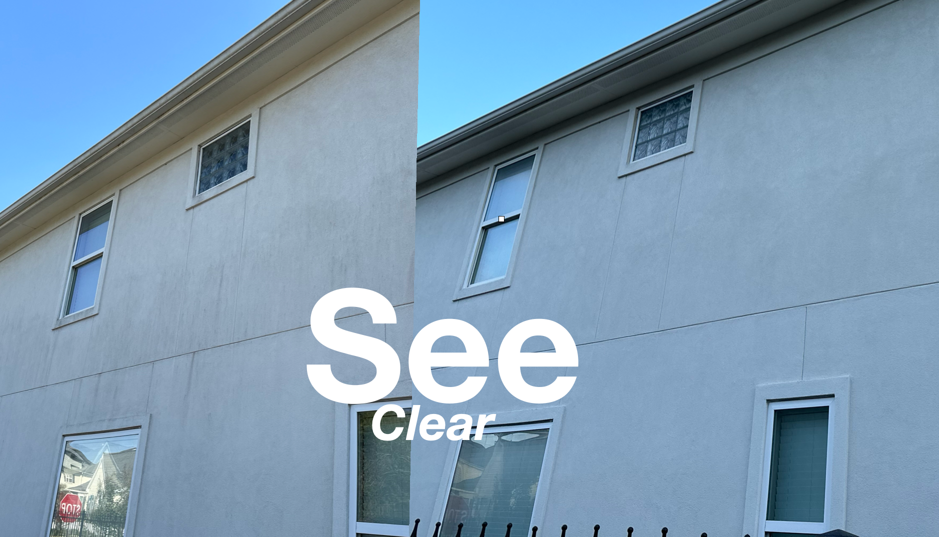 Gray apartment building with windows and a door, with white “See Clear” text overlaid.
