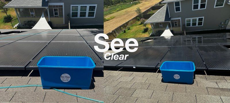 A person is cleaning solar panels on a roof.