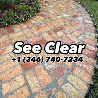 Paver walkway with “See Clear” and phone number 1(346) 740-7234.