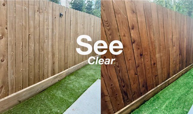 Split-view wooden fence before-and-after: left gray, right warm brown, with “See Clear.” text in center.