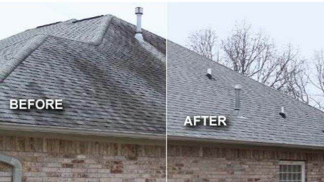 Split view of roof shingles before and after replacement, labeled “BEFORE” and “AFTER”