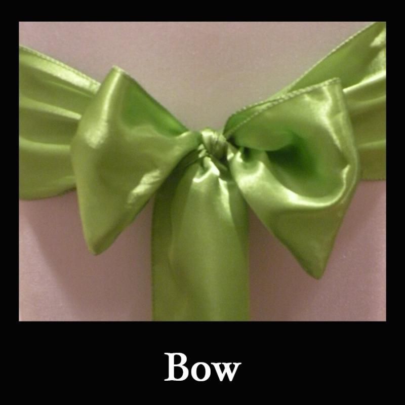 Green satin bow tied around a ribbon, with the word “Bow” below it