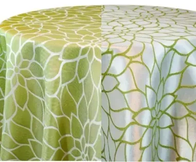 Round table covered with green and white leaf-patterned tablecloth