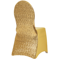 Gold sequined chair cover draped over a yellow chair, viewed from the back
