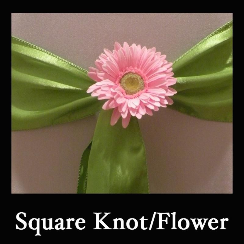 Green square knot with a pink flower centerpiece on a beige background