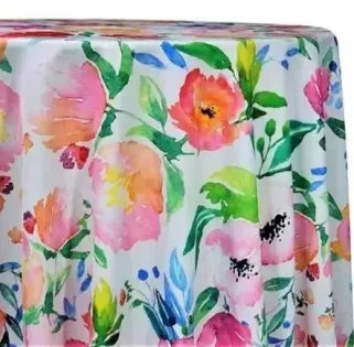 Floral watercolor tablecloth with pink, orange, green, and blue flowers on a white background