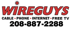 Logo for WireGuys: red text on white background, advertising cable, phone, internet, and free TV. Phone number: 208-887-2288.
