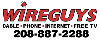 Logo for WireGuys: red text on white background, advertising cable, phone, internet, and free TV. Phone number: 208-887-2288.