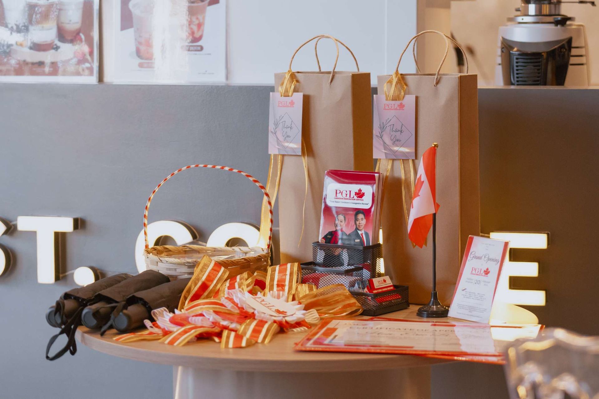 A table with a lot of items on it and a sign that says st.