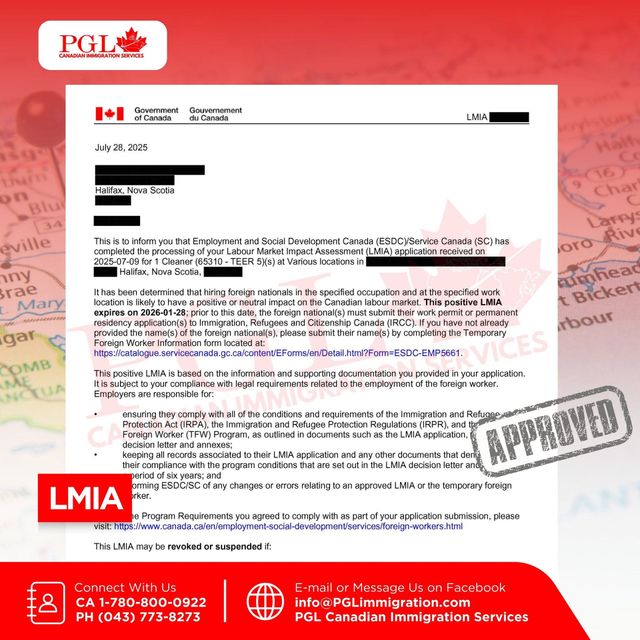 Redacted positive LMIA letter for a Cleaner position in Halifax, Nova Scotia