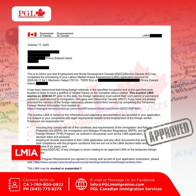 Redacted positive LMIA letter for a Mechanic Helper position in Prince Edward Island