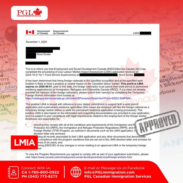 Redacted positive LMIA letter for a Food Service Supervisor position in Nova Scotia