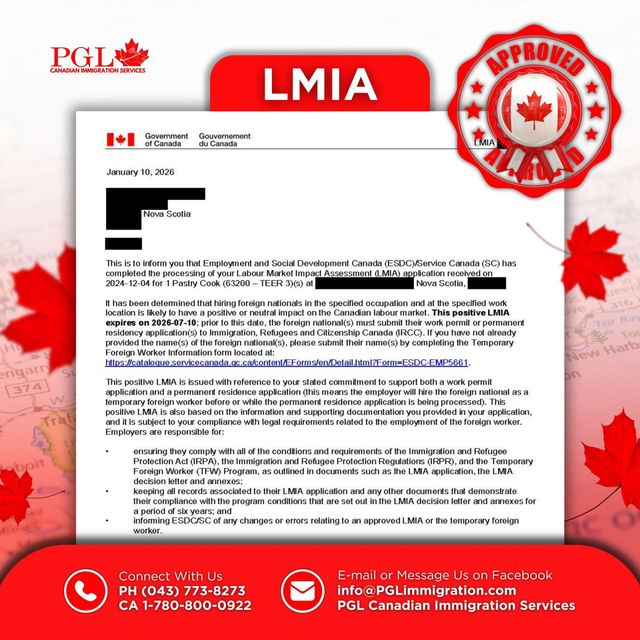 Redacted positive LMIA letter for a Pastry Cook position in Nova Scotia