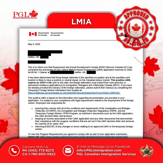Redacted positive LMIA letter for a Cleaner position in Halifax, Nova Scotia
