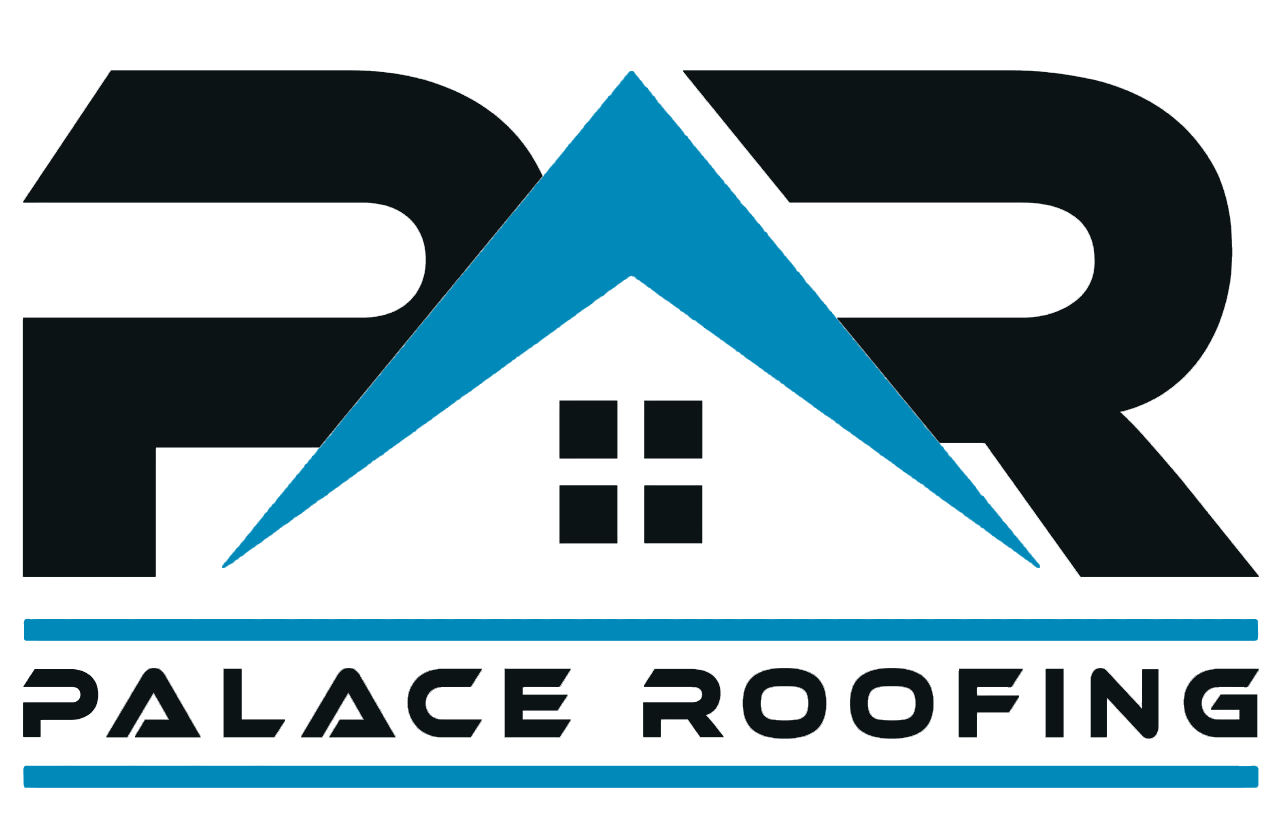 Logo: "PR" letters with blue house-shaped roof, black text "PALACE ROOFING" on blue line.