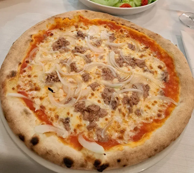 Una pizza al tonno e cipolla su un piatto, con un'insalatiera sfocata sullo sfondo.