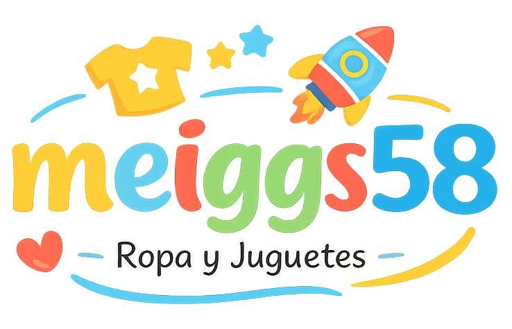 Logotipo de Meiggs58 con iconos amarillos, azules y coral, y el texto “Ropa y Juguetes”