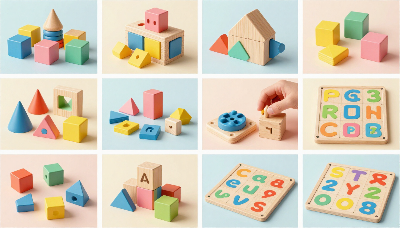 Bloques de juguete, figuras y fichas del alfabeto en tonos pastel dispuestos en una cuadrícula de 3x4 sobre un fondo claro.