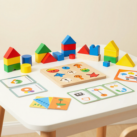 Figuras de bloques de madera de colores y tarjetas con patrones sobre una mesa blanca, como un juego de emparejar para preescolares.