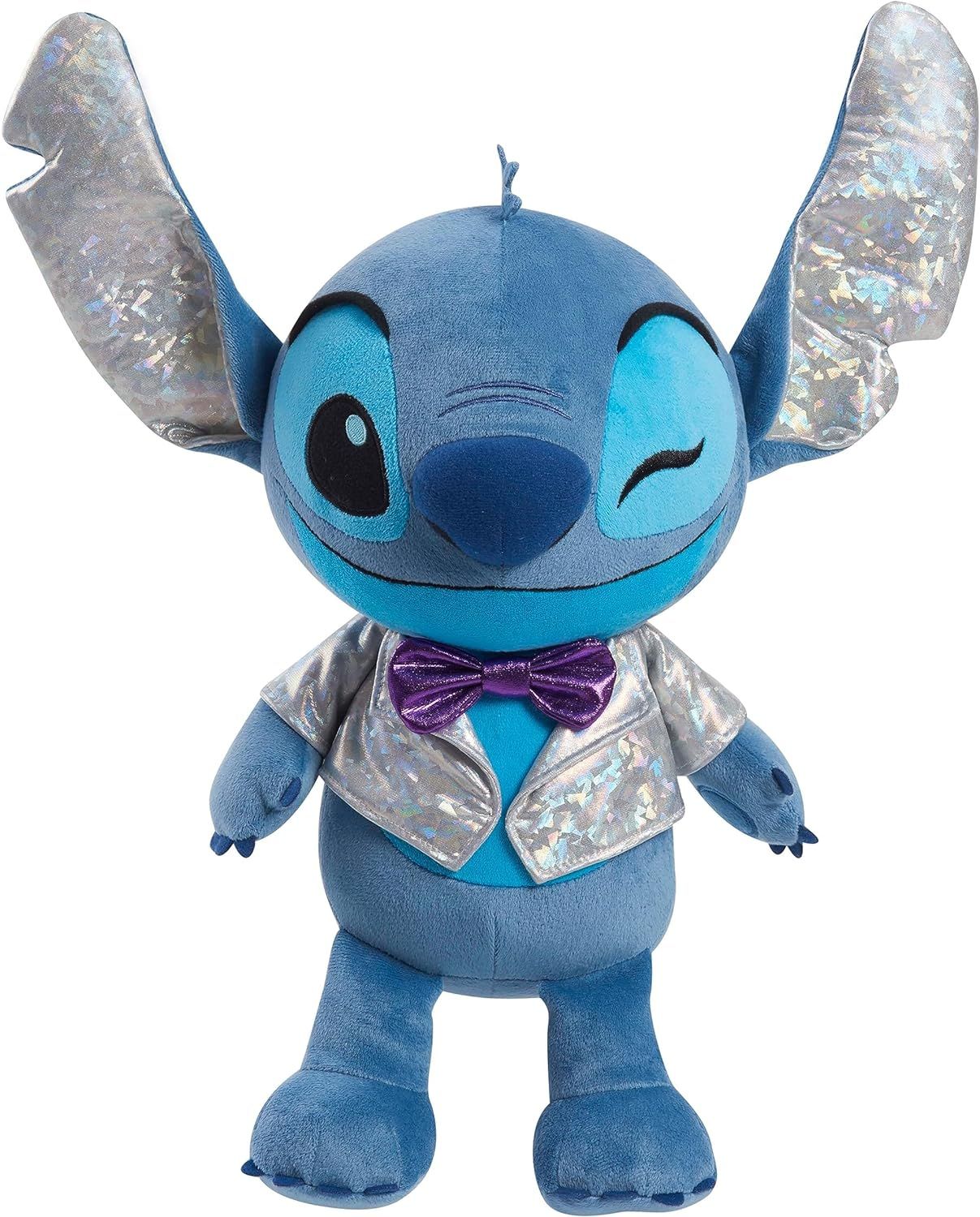 Peluche de Stitch azul con traje plateado y pajarita morada, guiñando un ojo con grandes orejas plateadas.